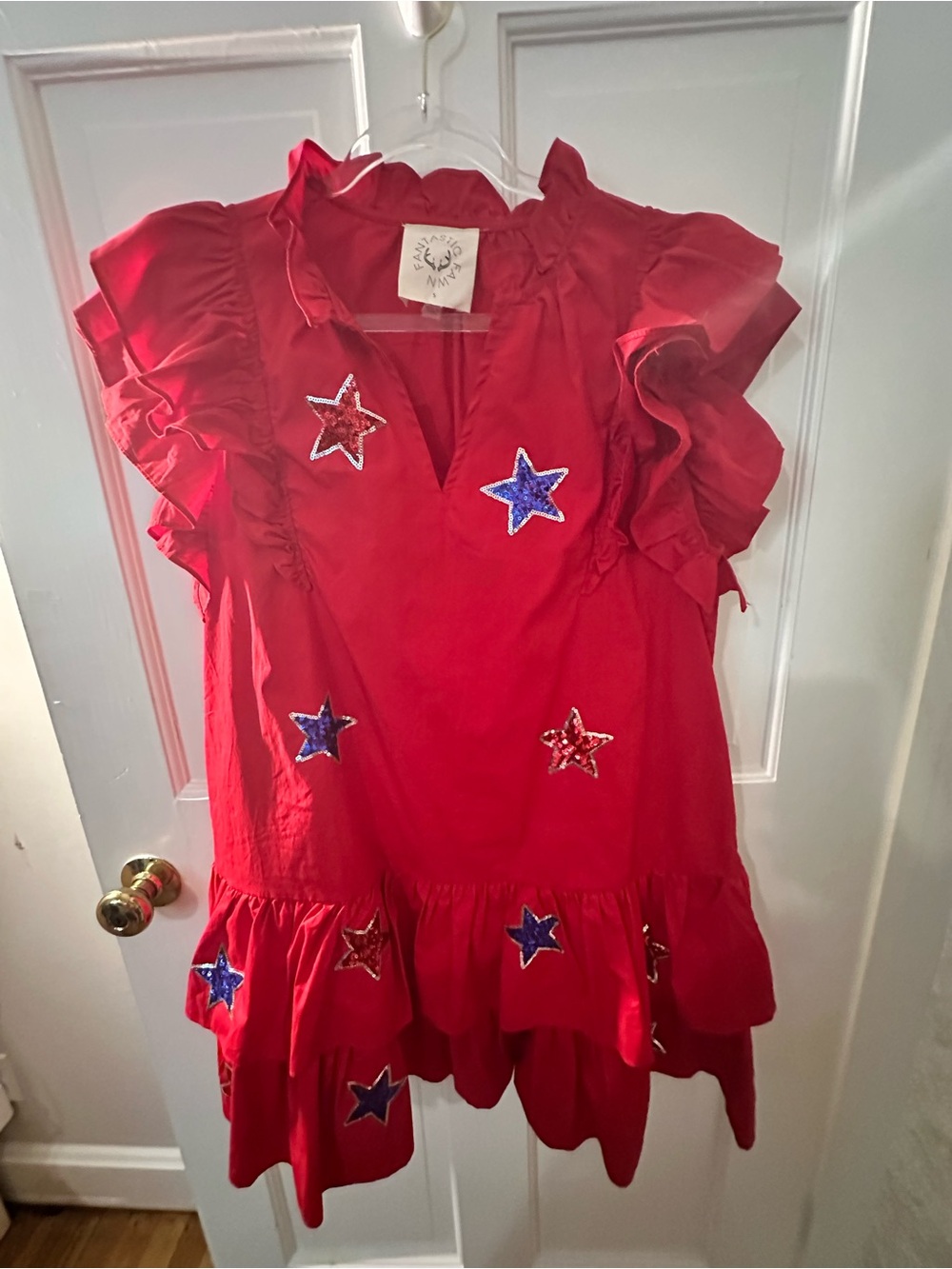 Womens Red Star Appliqué Ruffle Dress